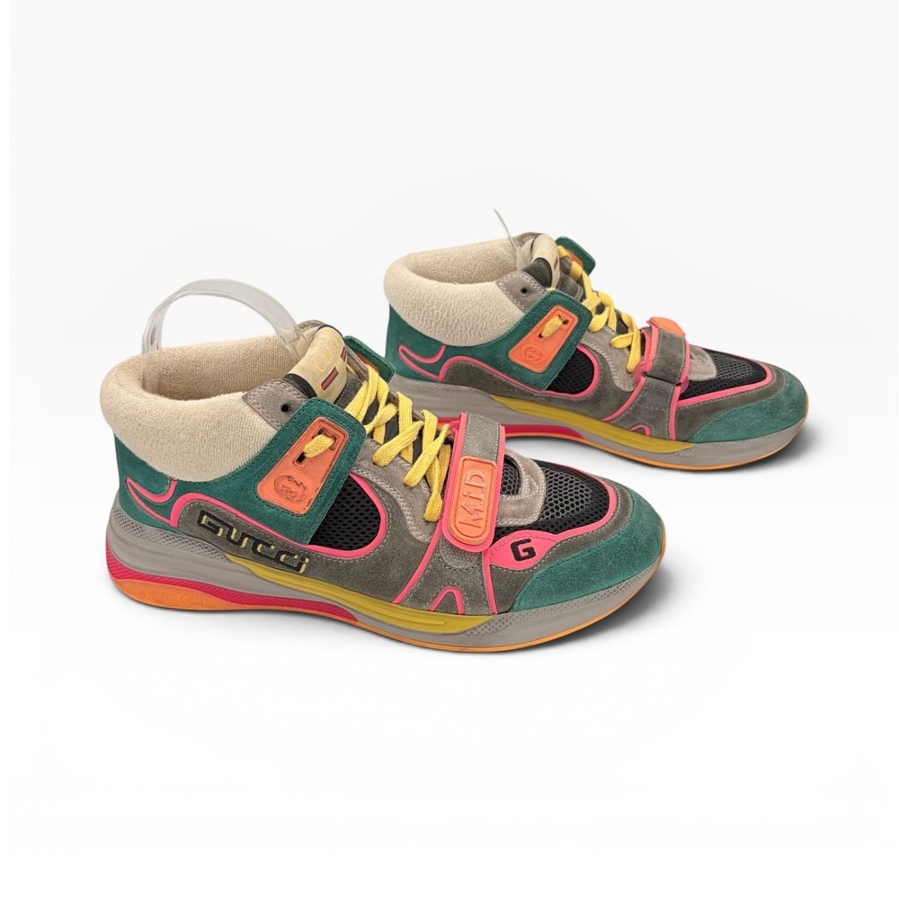 Gucci Ultrapace Mid Top Sneakers 40 Retro Neon Multi Color Suede Luxury Shoe‎